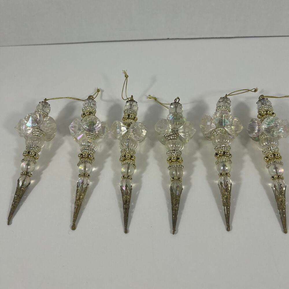 Vintage 6 Faceted Aurora Borealis Acrylic Hand Beaded & Gold Filigree Ornaments